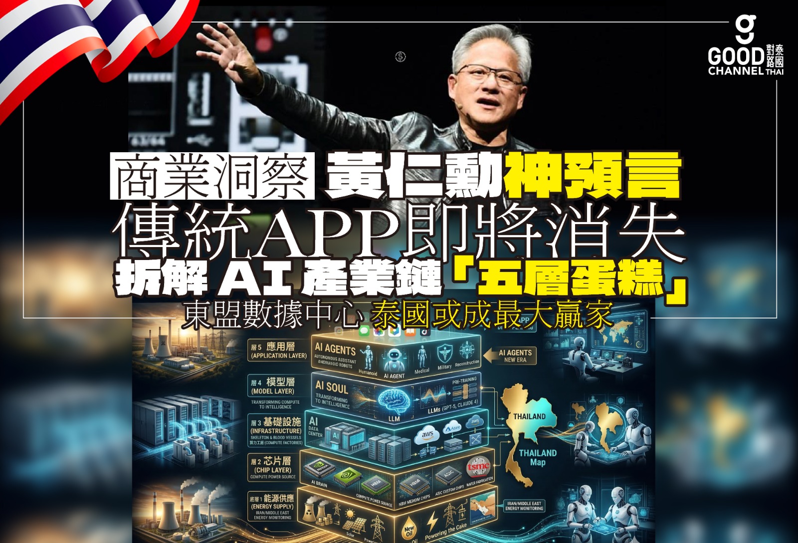 黃仁勳預言傳統 APP 終結!拆解 AI產業鏈「五層蛋糕」論,東盟數據中心 泰國或成最大贏家!